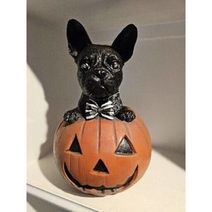 Halloween Frenchie Bulldog LIGHT UP Pumpkin Resin Statue Decor 13.5"